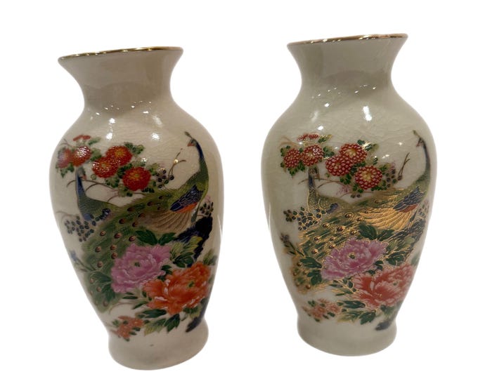 Vintage Pair 2 Set | Chinoiserie  Japanese Peacock Vase Asahi Japan | White Porcelain Gold Trimmed Floral Vase | Exotic Bird Vase Bud Vase