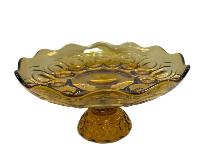 LE Smith |  Amber Moon & Stars Footed Cake Plate Compote |  Scalloped Ruffled Edge | Pedestal Pressed Glass Orange | Mid Century | Glassware