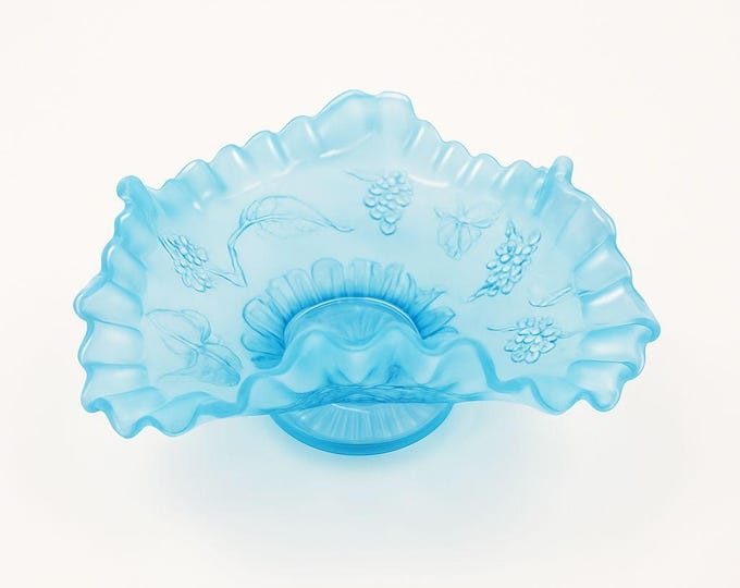 Blue Opalescent Glass Bowl, Grape Vine Pattern, #245, Footed, Crimped/Ruffled Edge, Jefferson Glass Co., West Virginia, USA, c. 1908