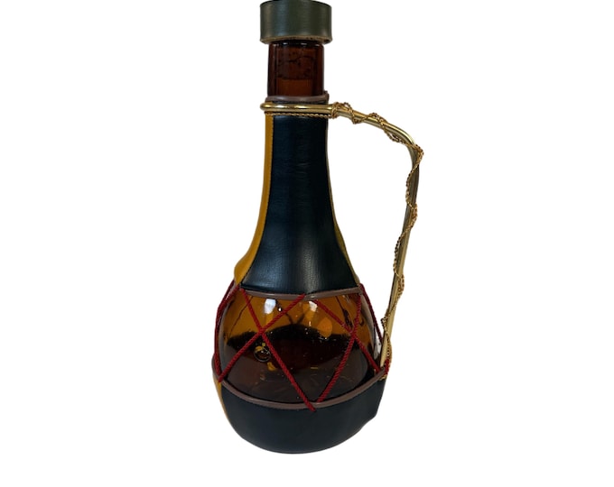 Leather Covered Serving Bottle Decanter Cork Stopper |  Albinana Lobeco Olleria Spain Glass | Tri Color | Collectible Barware Mid Century