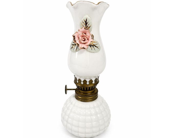 Mini Finger Oil Lamp Porcelain Ceramic Raised Rose Shade Chimney Vintage Home Decor Granny Farmhouse Cottage Core White Hand Painted Flowers