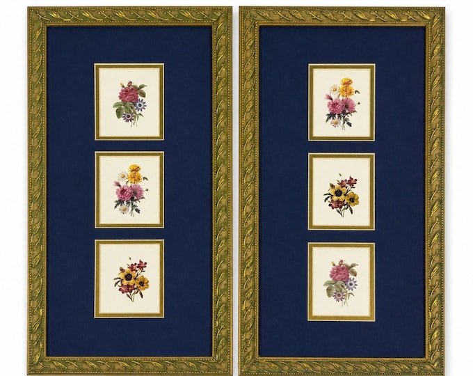 Wall Art Floral Framed Prints Pair W/ Matting Gold Frame Flowers Paneled Prints Traditional Cottage Core Home Decor Decorative Accents