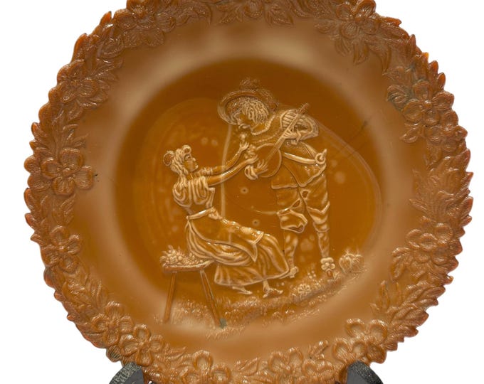 Chocolate Slag Glass Plate Collectible Glassware Antique | McKee Brothers Works | Cameo Serenade Troubadour Collector Plate Wall Decor