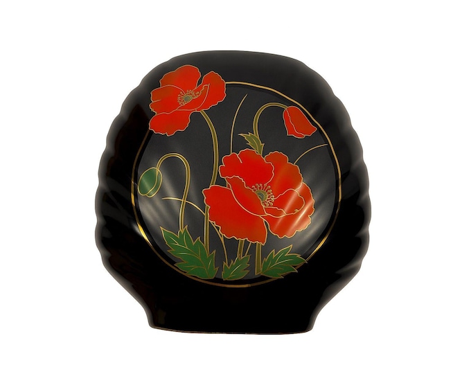 Oriental Vase Black Gloss Porcelain Red Poppies Flowers Poppy Fine China Japan 80s Retro Gold Embossed Home Decor Decorative Accents
