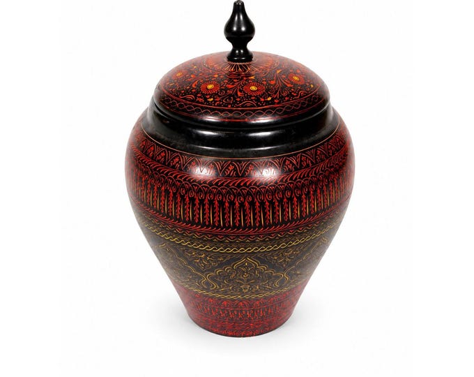 Jar Urn Canister Hand Carved Wooden Lacquer Pakistan Naqashi Turkish Handcrafted Shelf Kitchen Kitchen Decor Red Black Flower Floral