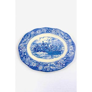 Intonstone Oval Serving Platter Staffordshire Liberty Blue 14" Oval Patriotic Washington Durham Boat Crossing Deleware Replacement China
