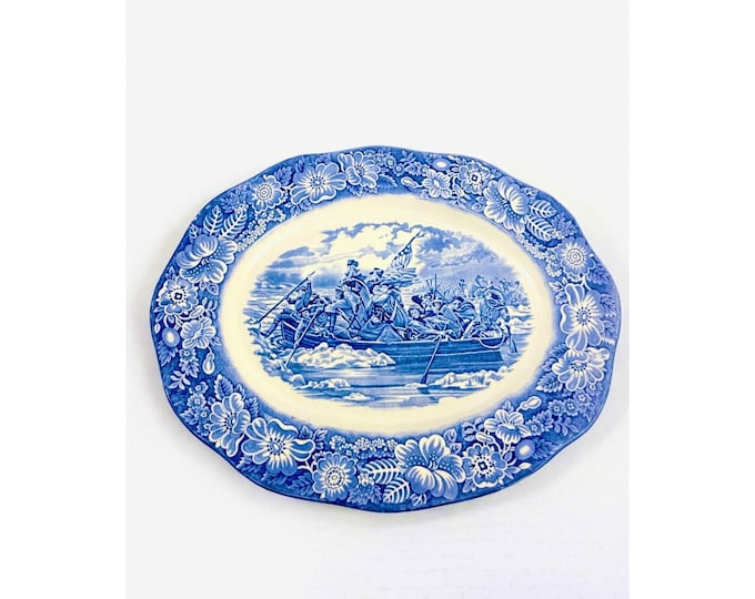 Intonstone Oval Serving Platter Staffordshire Liberty Blue 14" Oval Patriotic Washington Durham Boat Crossing Deleware Replacement China