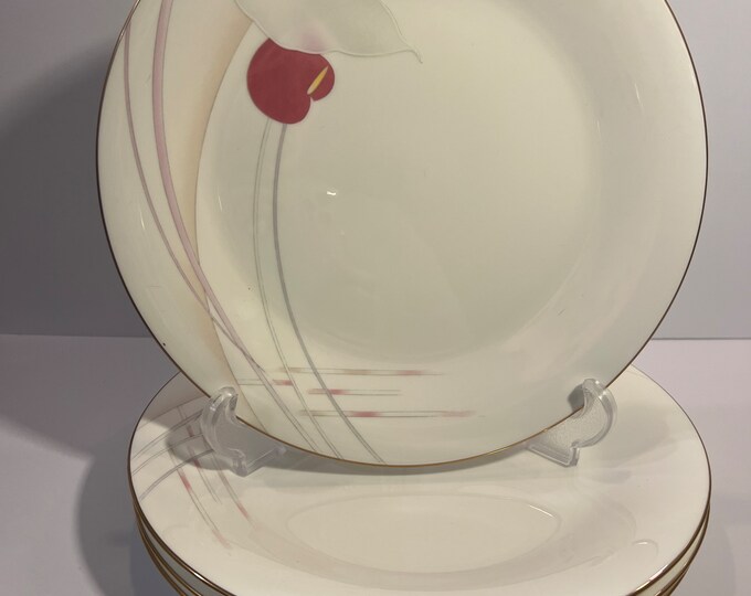 Dinner Plates | Mikasa Anthurium Flower Fine Bone China CR006 |  Set 4 | Replacement China Place Setting Japan Japanese |  80s vibes Gold
