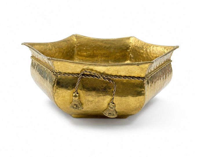 Jardiniere Planter Cache Pot Hammered Brass Rope Tassel Houseplant Floral Arrangement Vintage Table Home Decor Traditional Grand Millennial