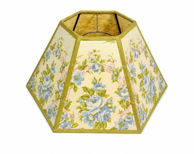 Hurricane Lamp Shade Sexagon Mid Century Lampshades Fabric Floral Chimney Fitter 6 sided Oil Lamp Vintage Flowers Gold Trim Handmade
