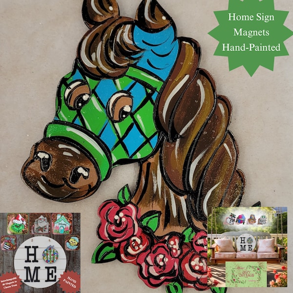 Hand-Painted Derby Horse #2 Home Sign Magnet, Front Door Decor, Door Hanger, Home Decor, Front Door Wreath, July Decor, Interchangeable