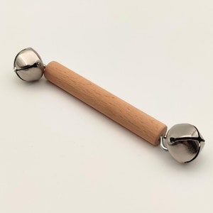 Montessori Wooden Baby Bell Rattle, Tactile Musical Toy for Fine Motor Skills, Natural Ecofriendly Baby Shower Gift, Bell Shaker for Newborn