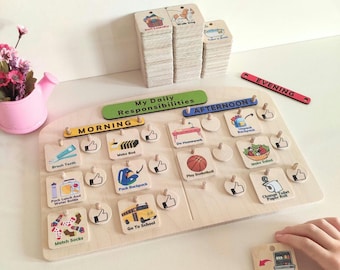 Wooden Kids Chore Chart: Montessori Daily Visual Routine, Montessori Planner for Children