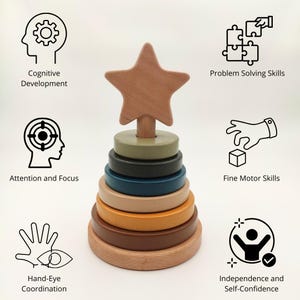 Montessori Stacking Toy - Pastel Color Sensory Ring Stacker Toy - Sustainable Natural Wooden Colorful Educational Material for Toddlers
