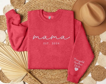 Personalized Mama Embroidered Sweatshirt, Custom Kids Names on Sleeve Crewneck Sweater, Mum Est Date Minimalist Sweater, Mother's Day Gifts