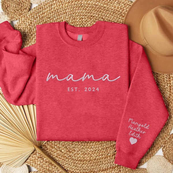 Personalized Mama Embroidered Sweatshirt, Custom Kids Names on Sleeve Crewneck Sweater, Mum Est Date Minimalist Sweater, Mother's Day Gifts