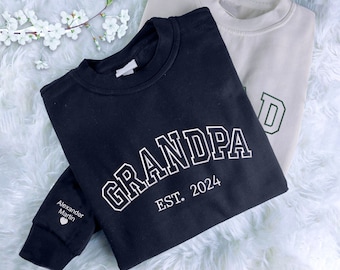Custom Dad Embroidered Sweatshirt, Personalized Name on Sleeve Grandpa Sweater, Dad Est Date New Memorial Jumper, Special Grand Parent Gifts