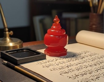 Handmade Pressed Amber Ink Pot • Red Calligraphy Inkwell