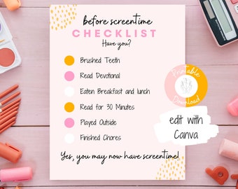 Edytowalna, drukowana lista kontrolna przed czasem spędzonym przed ekranem
