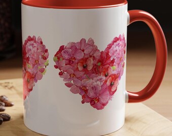 Mug, Watercolor Floral Heart Design, Delicate and Feminine, Pink and Red Flowers, Gift for Her, Mother's Day Mug, Valentine's Day Coffee