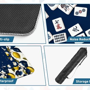 May include: A black and white anti-slip surface with a white border. The image also shows a close-up of white mahjong tiles on a blue background, a waterproof surface with a lemon design, and a black storage bag.