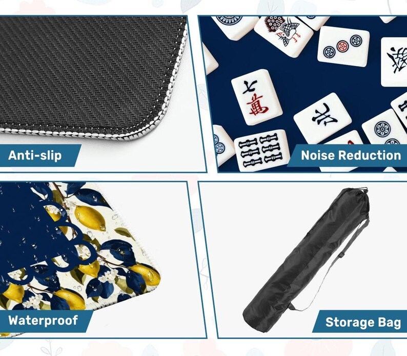 May include: A black and white anti-slip surface with a white border. The image also shows a close-up of white mahjong tiles on a blue background, a waterproof surface with a lemon design, and a black storage bag.