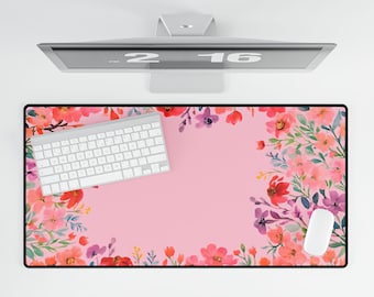 Desk Mat  Pink Wildflowers Desk, Floral Work From Home Office Gift, Remote Worker or Gamer Colorful Flowers Table Pad
