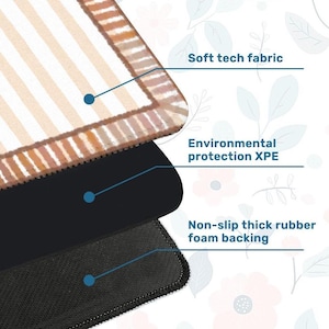 Pu&ograve; includere: Un prodotto a strati con uno strato superiore a righe beige e bianco, uno strato intermedio nero e uno strato inferiore nero strutturato. Il testo indica "Soft tech fabric", "Environmental protection XPE" e "Non-slip thick rubber foam backing".