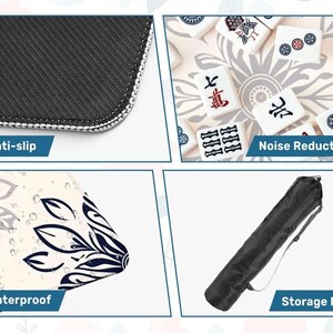 May include: A close-up of a black and white Mahjong mat with the text "Anti-slip". The mat has a white border. The image also shows Mahjong tiles, a black storage bag, and the text "Waterproof" and "Noise Reduction".