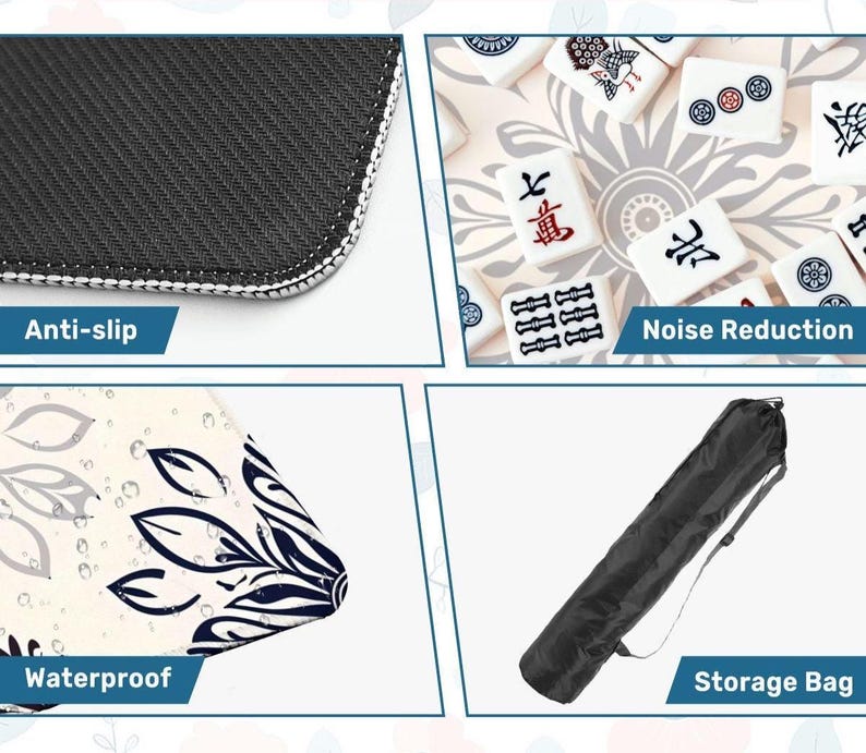 May include: A close-up of a black and white Mahjong mat with the text "Anti-slip". The mat has a white border. The image also shows Mahjong tiles, a black storage bag, and the text "Waterproof" and "Noise Reduction".