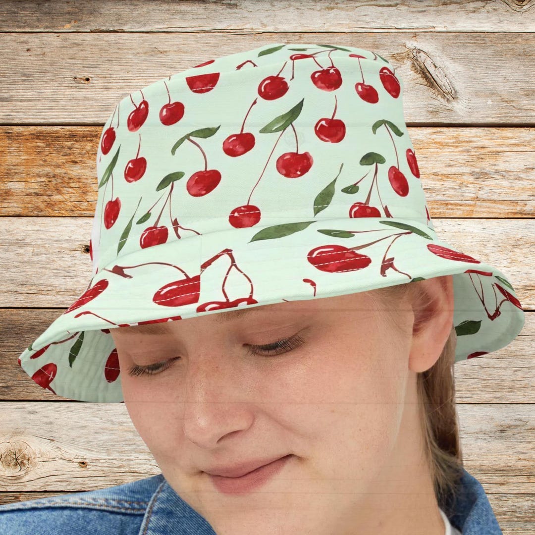 Cherry Print Cotton Sun Hat Phi Clothing - Girls Pink Cherry Print Cotton Sun Hat with  main image 3