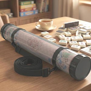 May include: A clear, cylindrical case with black end caps and a shoulder strap, containing a rolled-up game mat with floral and bird designs. Mahjong tiles and a cup of tea are on the wooden table.