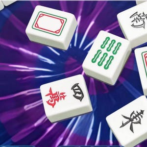 May include: A collection of white Mahjong tiles featuring various engraved symbols in red, green, and black ink. The tiles display characters, numerical patterns, and decorative borders, scattered across a vibrant purple and blue radial background.