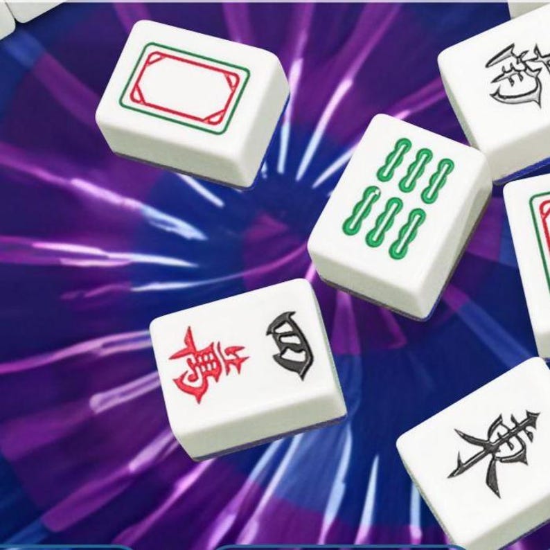 May include: A collection of white Mahjong tiles featuring various engraved symbols in red, green, and black ink. The tiles display characters, numerical patterns, and decorative borders, scattered across a vibrant purple and blue radial background.