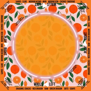 May include: A circular orange and white graphic design with text and illustrations of oranges and leaves. The text includes game instructions and phrases like "Dragons: Cracks - Red Dragon" and "Play Right".