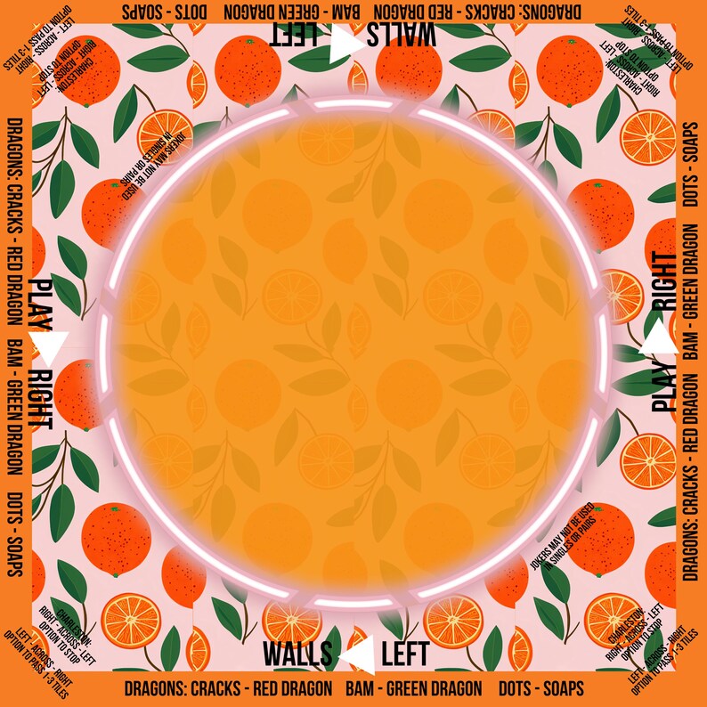 May include: A circular orange and white graphic design with text and illustrations of oranges and leaves. The text includes game instructions and phrases like "Dragons: Cracks - Red Dragon" and "Play Right".