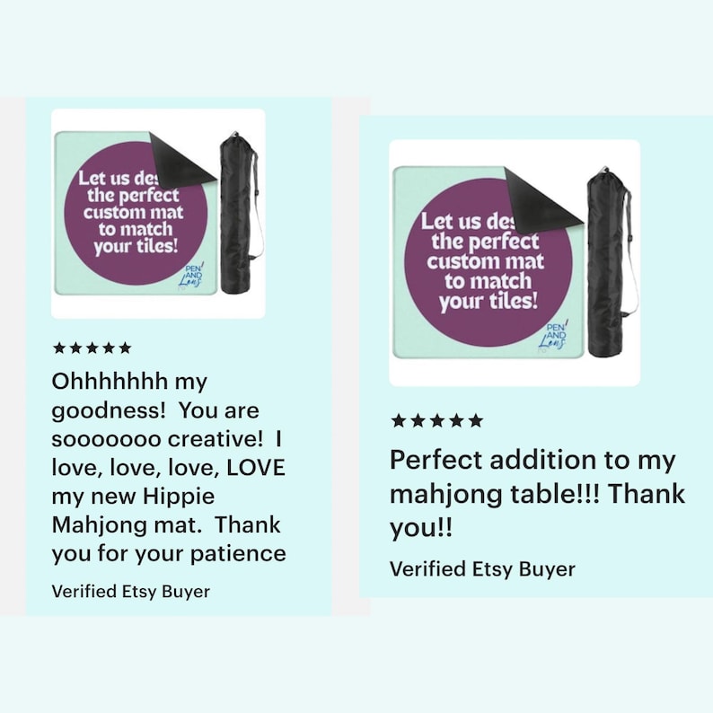 May include: A light blue square mat with a large purple circle in the centre featuring the white text: Let us design the perfect custom mat to match your tiles! A black carrying case with a shoulder strap is positioned next to the mat.