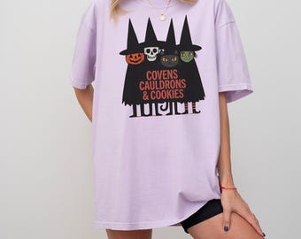 Covens Cauldrons and Cookies Tshirt, Halloween Witches Comfort Colors Tee, Humorous Spooky Season T-shirt Gift for Bakers and Foodies