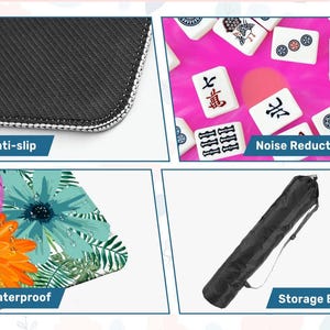 May include: A close-up of a black anti-slip surface with white stitching. A pink background with white mahjong tiles. A floral design with pink and orange flowers. A black storage bag with a shoulder strap. The words "Anti-slip", "Noise Reduction", "Waterproof", and "Storage Bag" are visible.