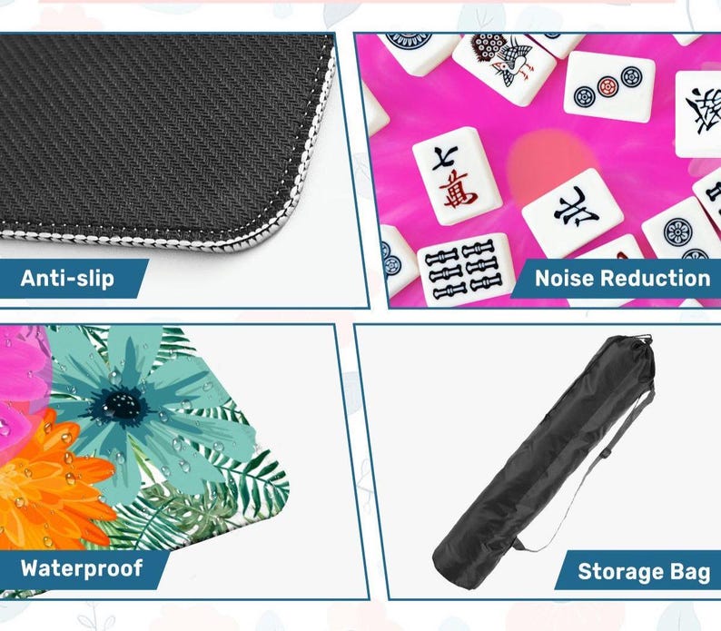 May include: A close-up of a black anti-slip surface with white stitching. A pink background with white mahjong tiles. A floral design with pink and orange flowers. A black storage bag with a shoulder strap. The words "Anti-slip", "Noise Reduction", "Waterproof", and "Storage Bag" are visible.