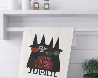 Bakers Halloween Tea Towel. Cotton Kitchen Accessory for Spooky Season, Gift for Baking and Cooking Fans, Witches Cauldrons and Cookies