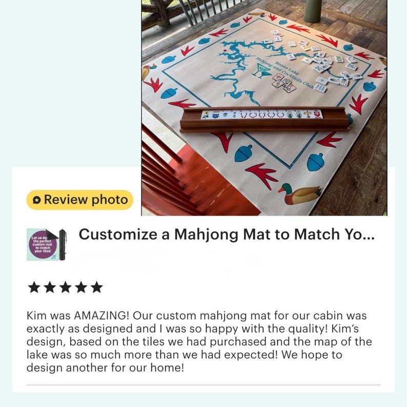 May include: A custom mahjong mat with a map design, surrounded by red, blue, and green decorative elements. A wooden tile holder and mahjong tiles are on the mat. The text reads "Customize a Mahjong Mat to Match Yo..."