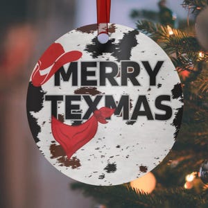 Merry Texmas Cowhide Print Metal Ornament, Texas Christmas Ornament, Western Style Holiday Decoration, Texas Gift