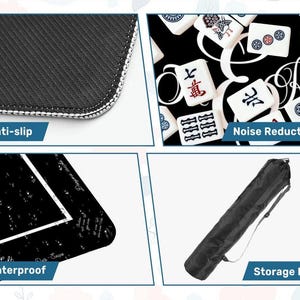 May include: A four-panel display showing a black anti-slip mat texture, a black mat surface with white mahjong tiles, a black waterproof mat with white text, and a black cylindrical storage bag with a shoulder strap for carrying the mat.