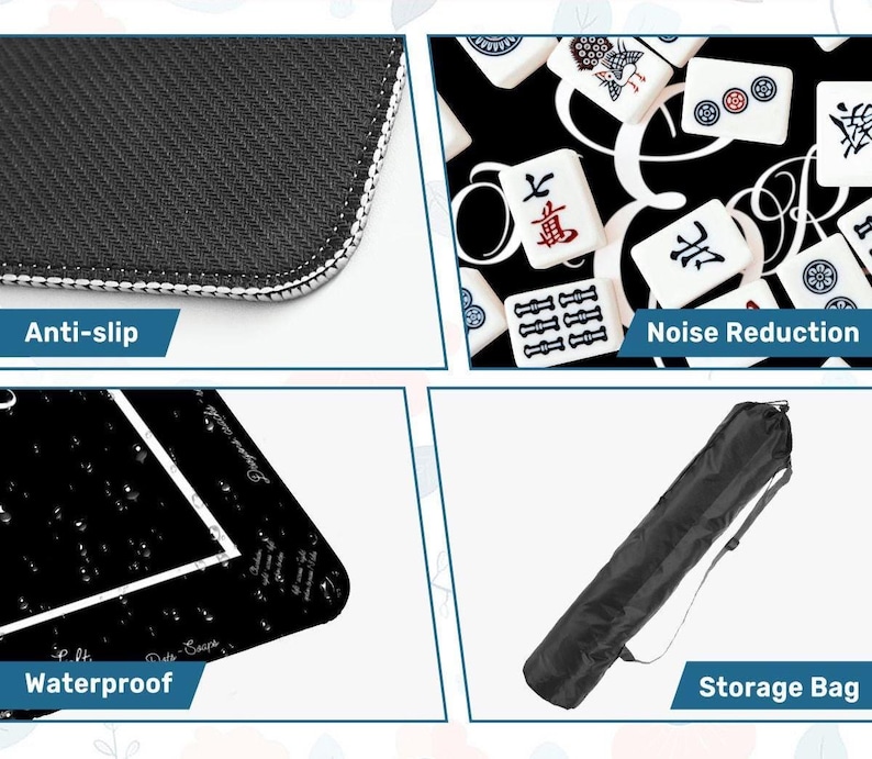 May include: A four-panel display showing a black anti-slip mat texture, a black mat surface with white mahjong tiles, a black waterproof mat with white text, and a black cylindrical storage bag with a shoulder strap for carrying the mat.