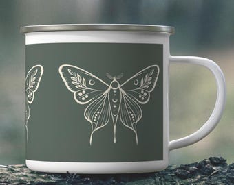 Boho Moth Enamel Mug, Cottagecore Green Camping Cup, Botanical Coffee Mug, Forest Lover Gift, Lightweight Outdoor Mug, Vintage Nature Mug