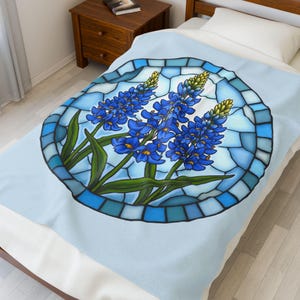 Stained Glass Look Bluebonnet Blanket, Custom Texas Wildflower Minky Throw, Soft Velveteen Blanket Gift with Name Option,TX themed Gift Idea