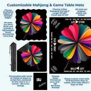 May include: Customizable Mahjong & Game Table Mats with a colorful flower design on a black background. Available in standard 31.5"x31.5", larger 33"x33", and travel 21"x21" sizes. Mats are 2mm thick and include a black drawstring carry bag.