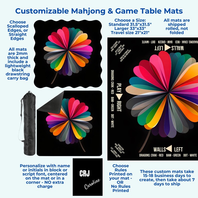 May include: Customizable Mahjong & Game Table Mats with a colorful flower design on a black background. Available in standard 31.5"x31.5", larger 33"x33", and travel 21"x21" sizes. Mats are 2mm thick and include a black drawstring carry bag.