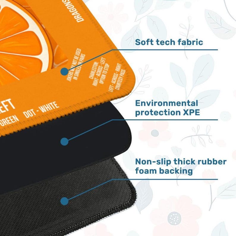 K&ouml;nnte beinhalten: Nahaufnahme eines mehrschichtigen Mauspads mit einem orange-wei&szlig;en Design. Das Mousepad verf&uuml;gt &uuml;ber ein weiches Tech-Gewebe, einen Umweltschutz XPE und eine rutschfeste, dicke Schaumstoffr&uuml;cken. Text enth&auml;lt "GREEN DOT-WHITE".
